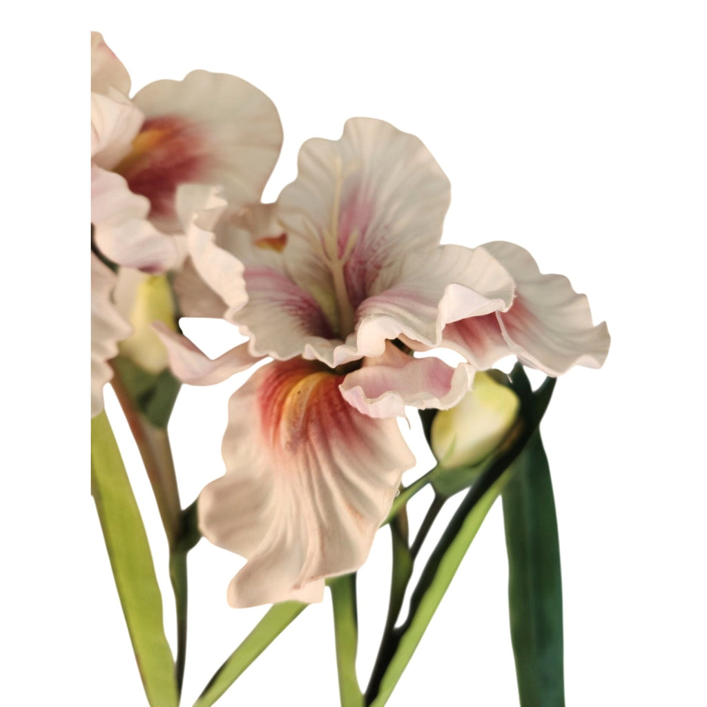 Artificial Iris Flower 33 Inch Tall White Pink Faux Iris Stem Hand Painted Look Floral Decor