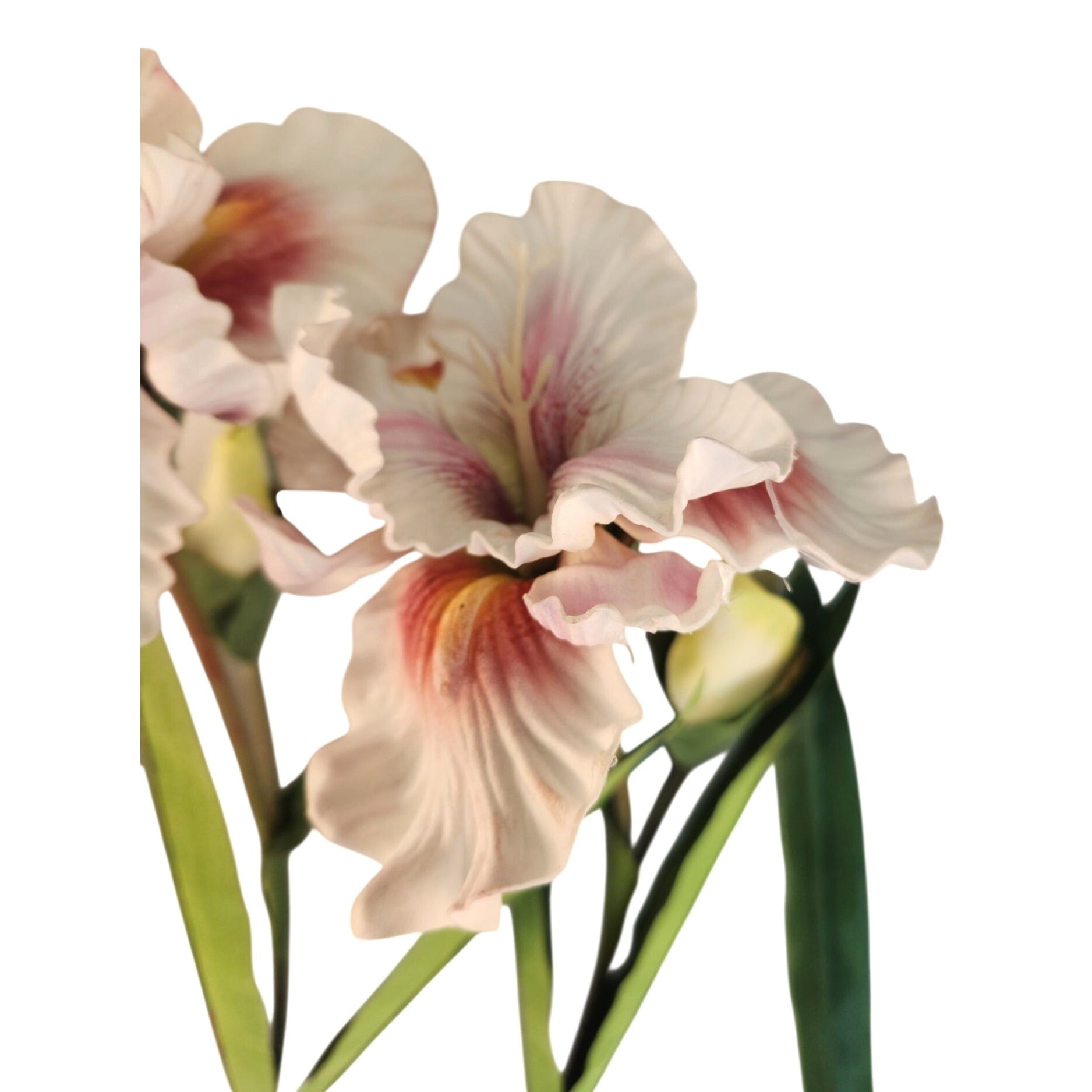 Artificial Iris Flower 33 Inch Tall White Pink Faux Iris Stem Hand Painted Look Floral Decor