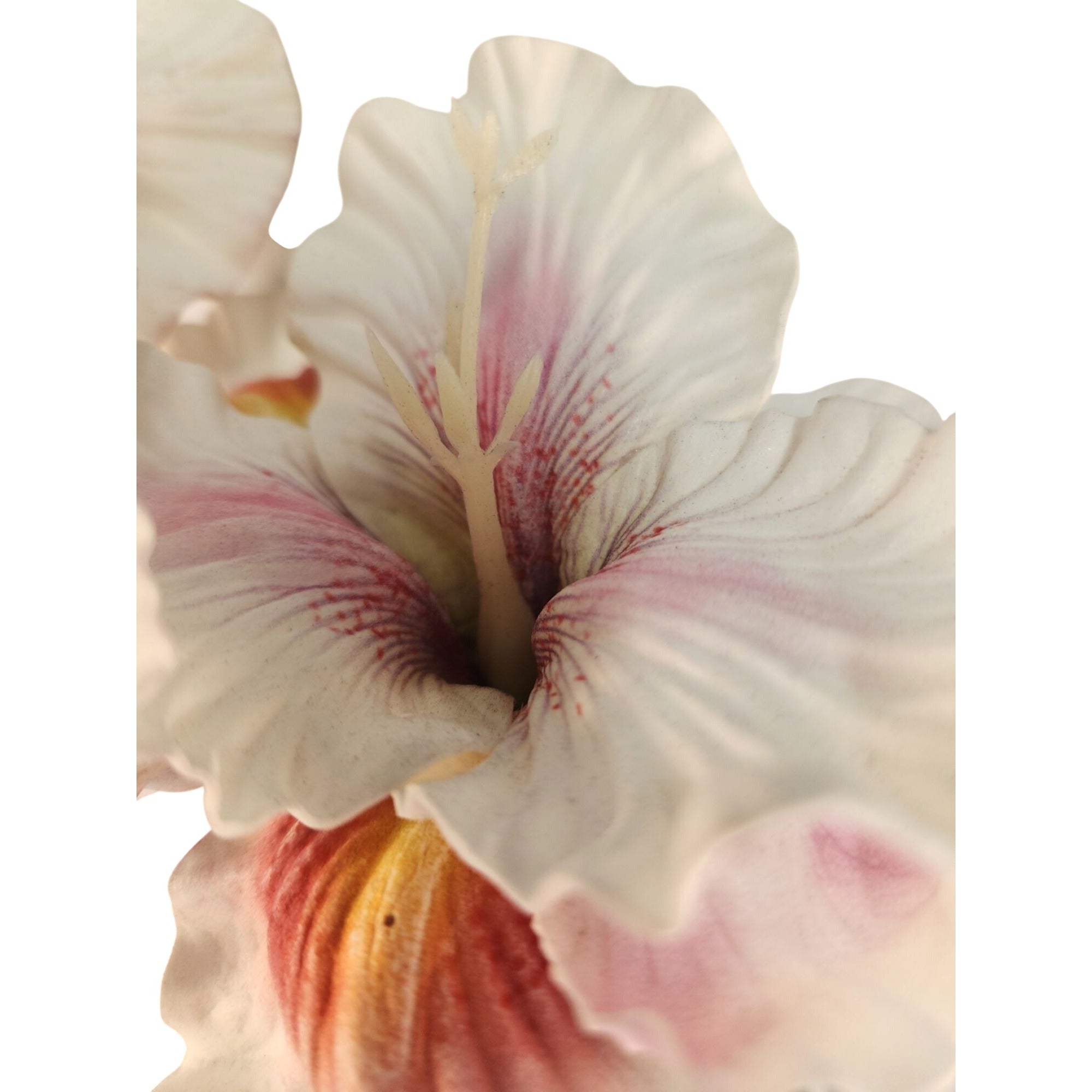 Artificial Iris Flower 33 Inch Tall White Pink Faux Iris Stem Hand Painted Look Floral Decor