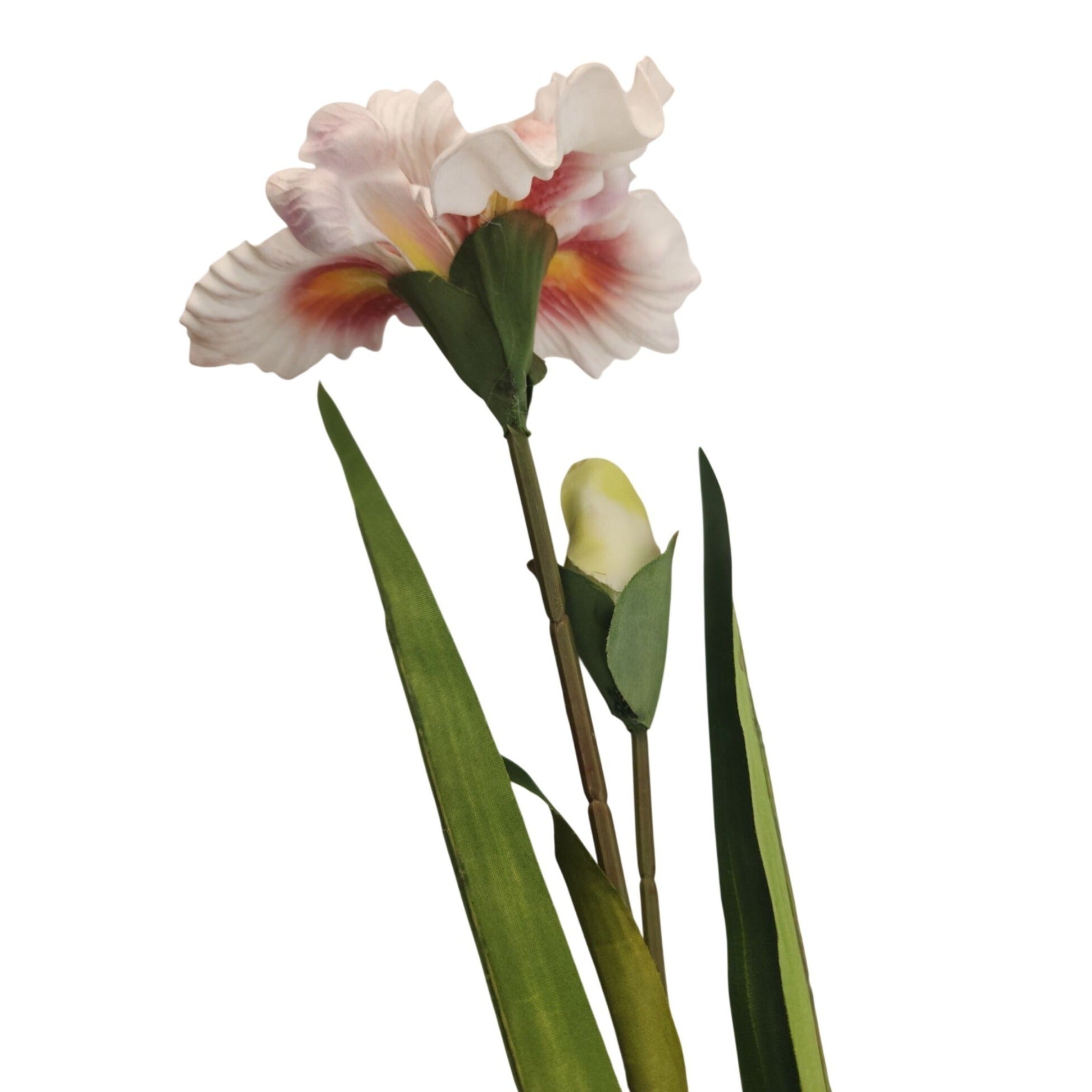 Artificial Iris Flower 33 Inch Tall White Pink Faux Iris Stem Hand Painted Look Floral Decor