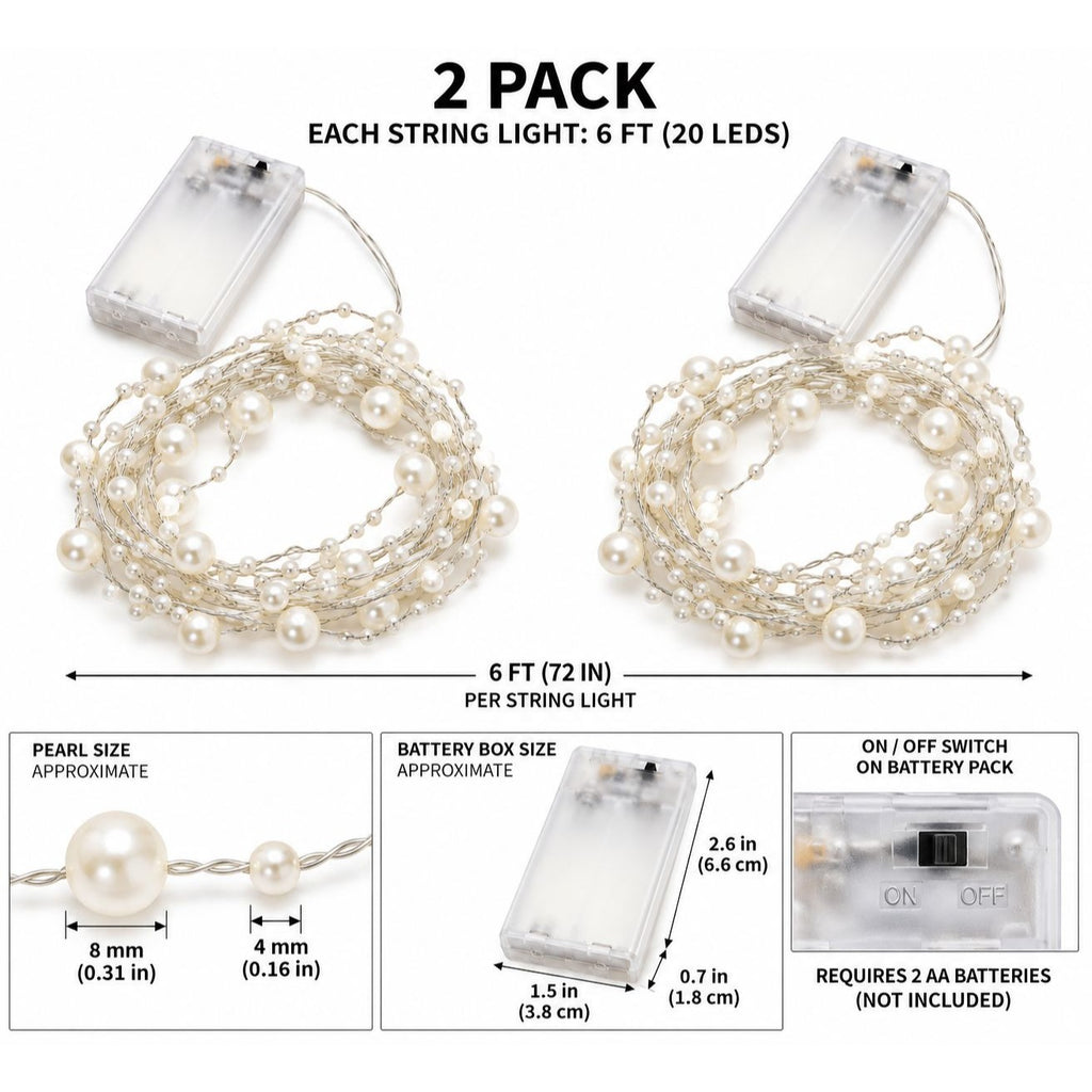 2 Pack Pearl LED String Lights 6 Ft 20 LED Warm White Battery Wedding Decor