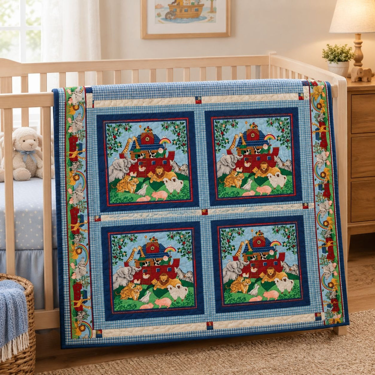 Vintage 1995 Cranston Noah's Ark Fabric Panel, 44x18 Cotton Nursery Quilt