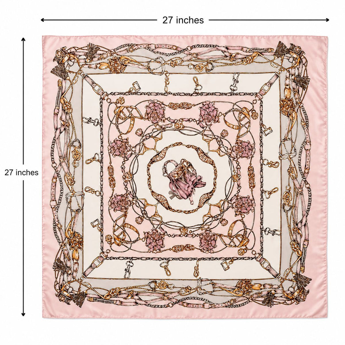 A square pink patterned scarf displayed flat with dimension lines and text indicating 27 inches on each side. The scarf features an ornate chain-link border and a central floral medallion motif in soft pink, beige, and gold tones.