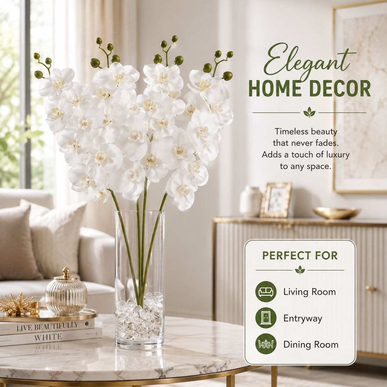 Real Touch White Phalaenopsis Orchid Stem 27 Inch Artificial Orchid Faux Flower Luxury Wedding Centerpiece Designer Floral Decor