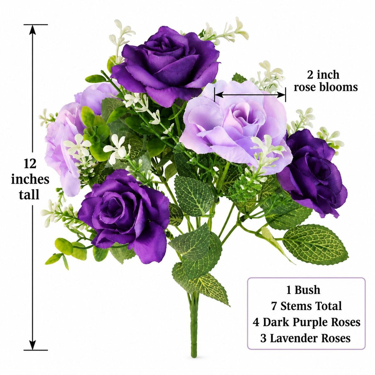 Purple Lavender Artificial Rose Bush, 7 Stems, 12-Inch Faux Flowers