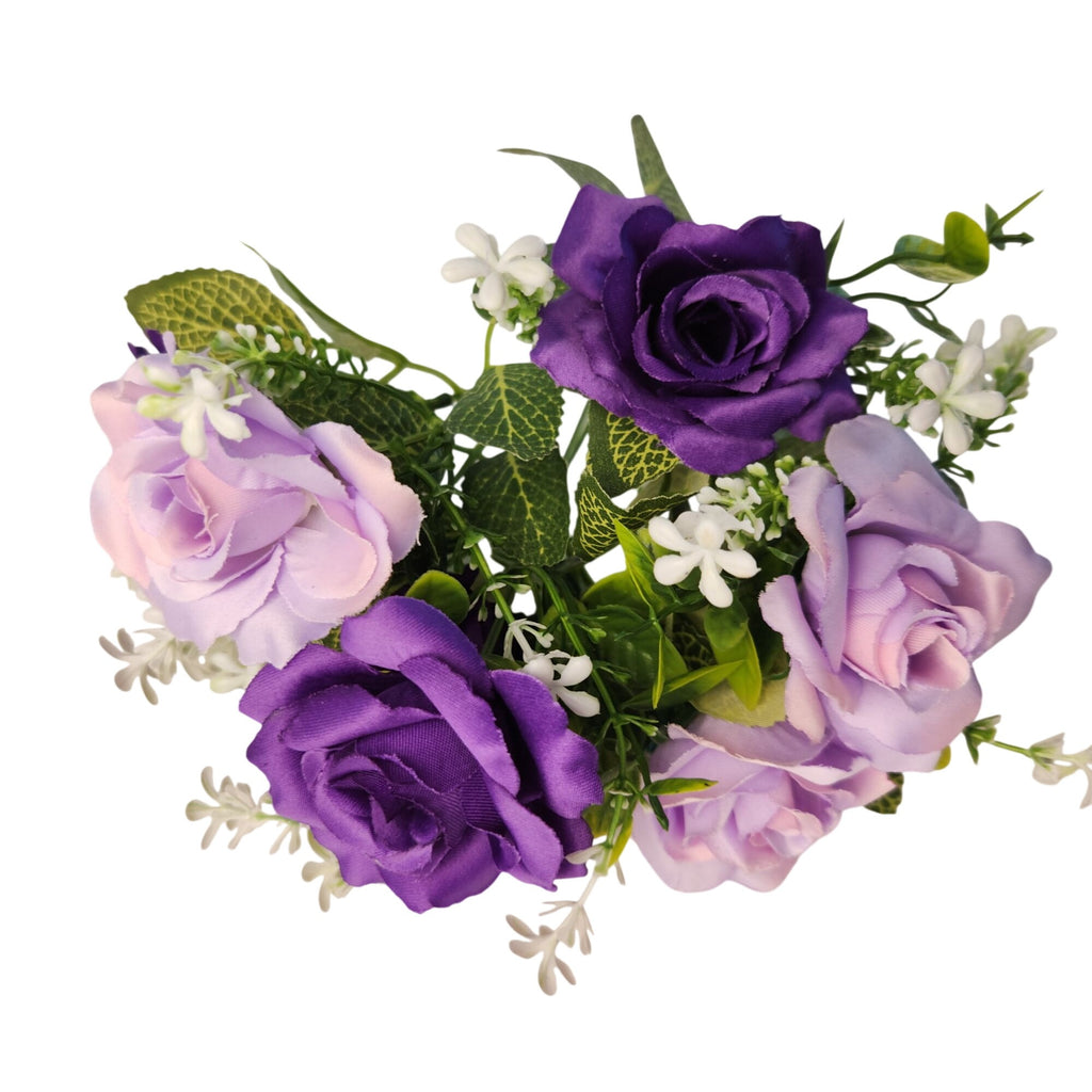 Purple Lavender Artificial Rose Bush, 7 Stems, 12-Inch Faux Flowers