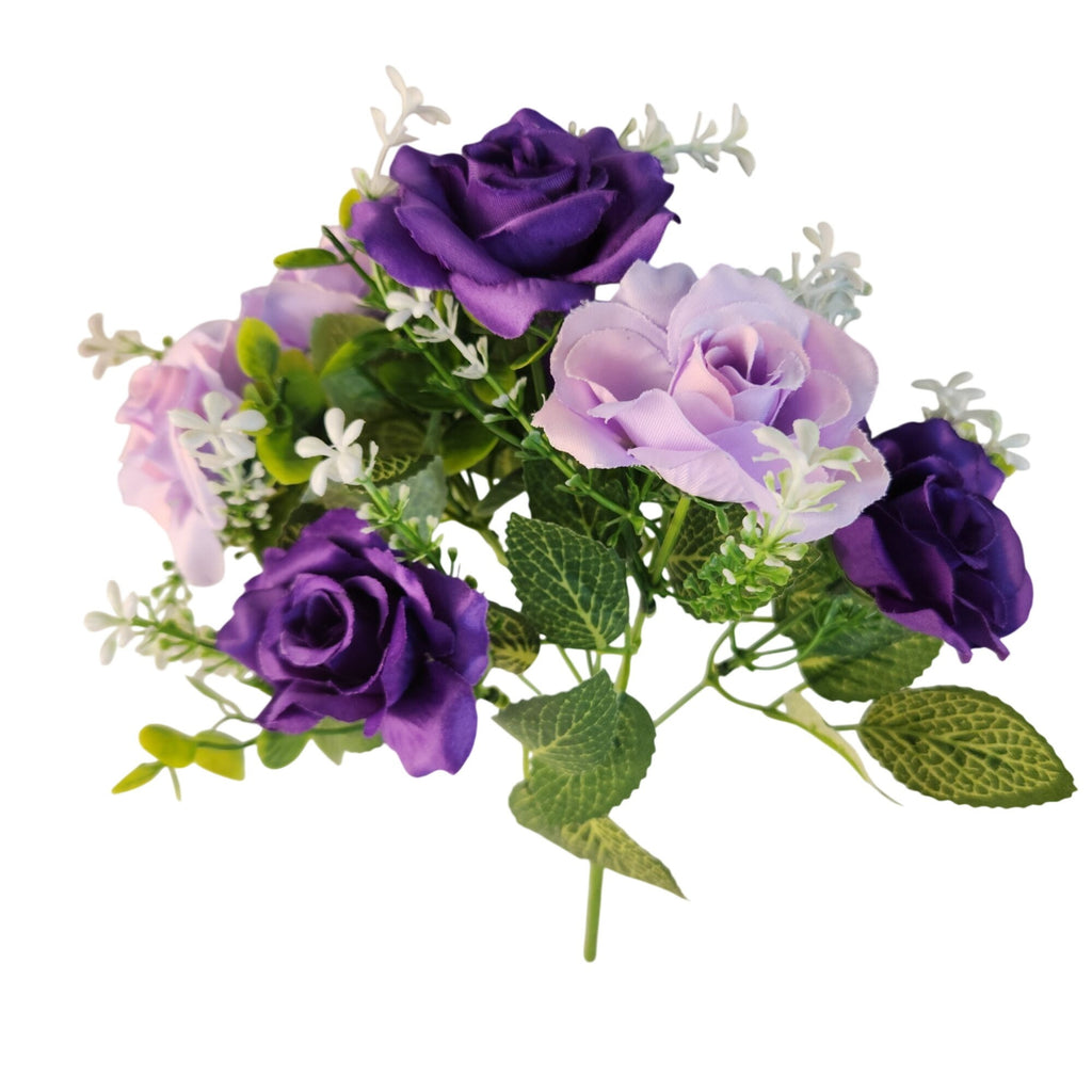 Purple Lavender Artificial Rose Bush, 7 Stems, 12-Inch Faux Flowers