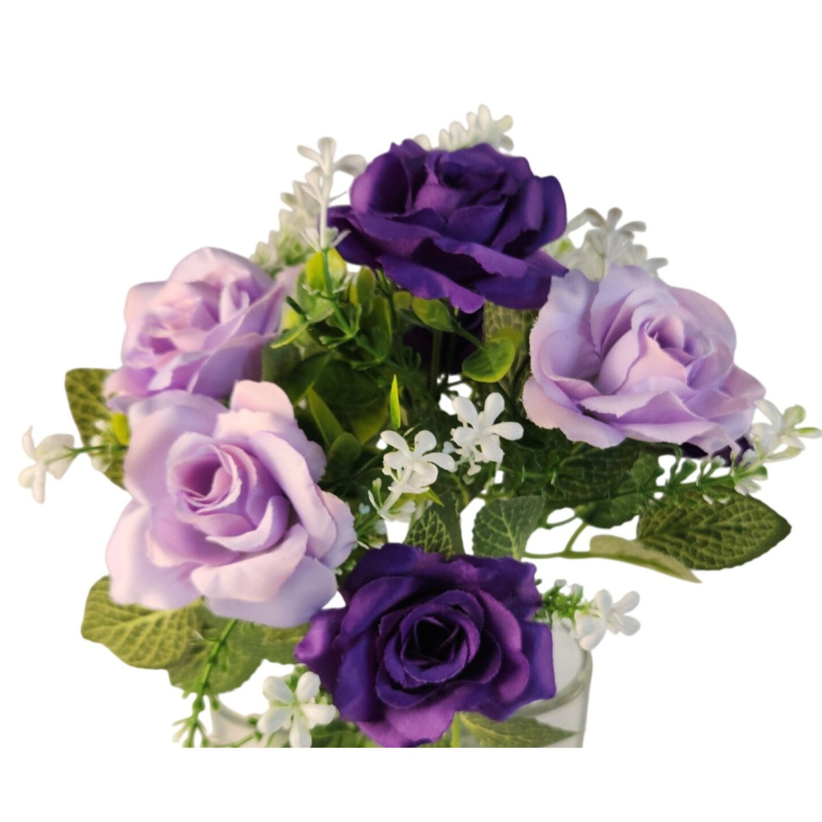 Purple Lavender Artificial Rose Bush, 7 Stems, 12-Inch Faux Flowers