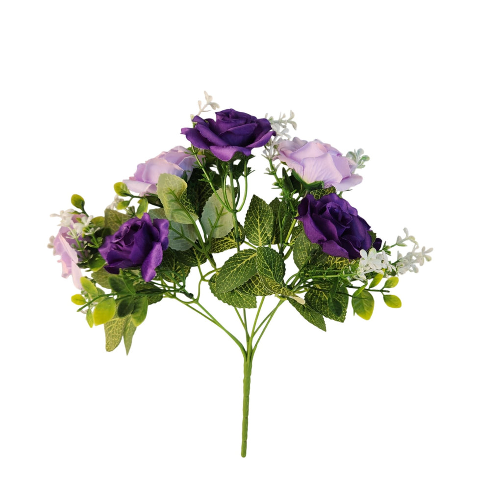 Purple Lavender Artificial Rose Bush, 7 Stems, 12-Inch Faux Flowers