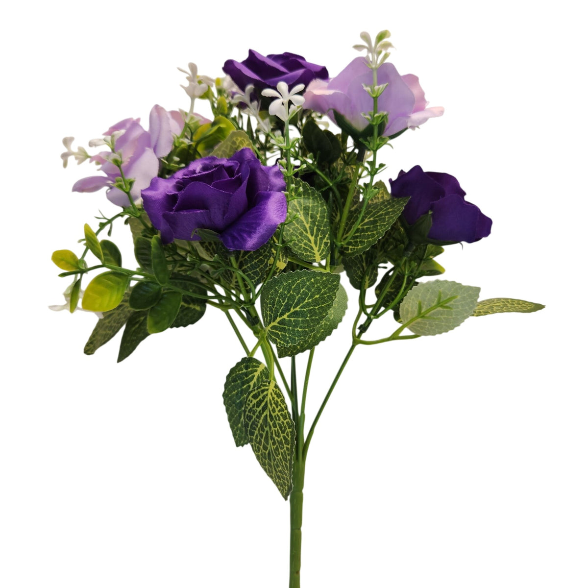 Purple Lavender Artificial Rose Bush, 7 Stems, 12-Inch Faux Flowers