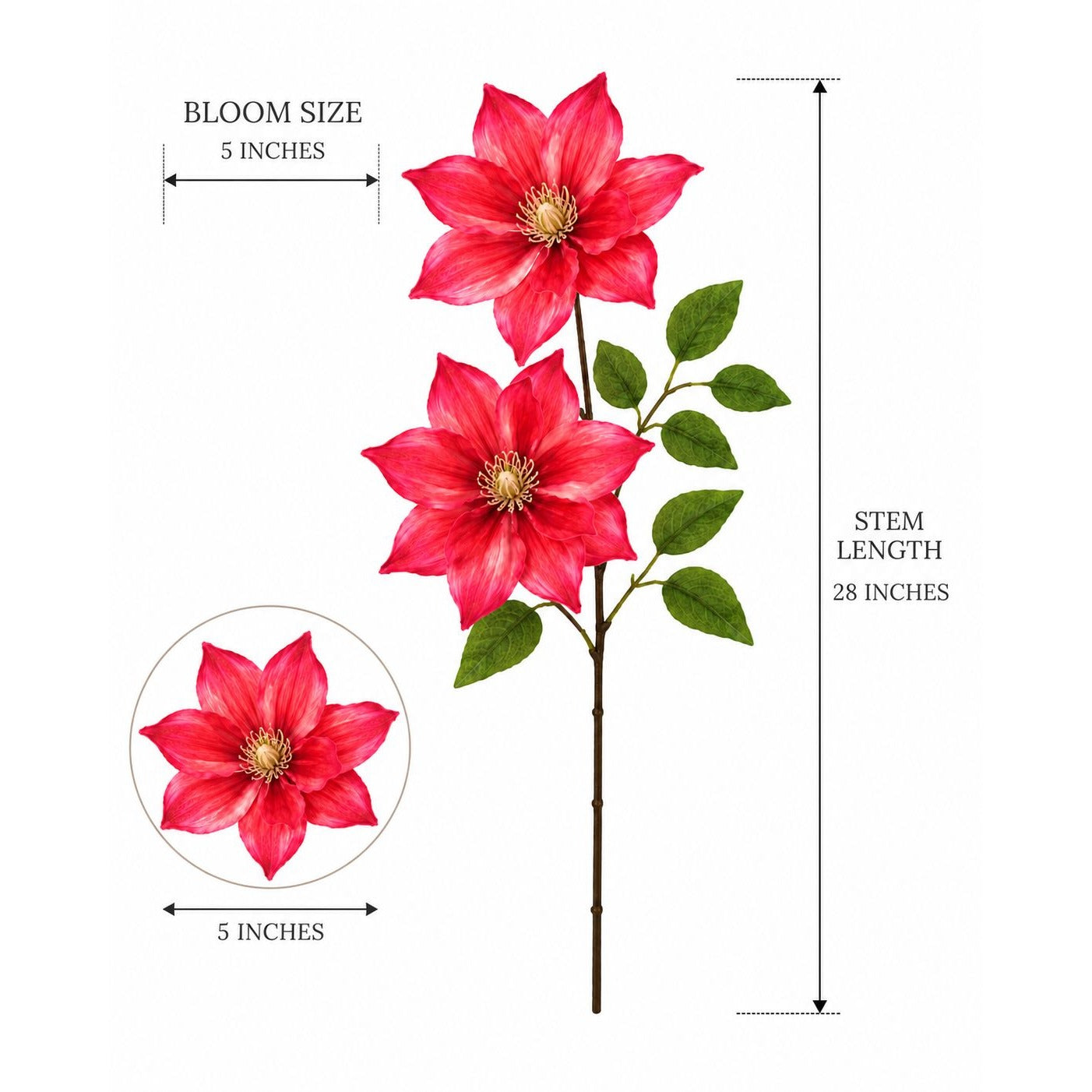 Artificial flower stem with red flowers and green leaves, showing bloom size and stem length measurements.