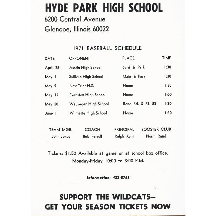 Baseball Digest Special Edition 1971 Hyde Park High School Schedule
