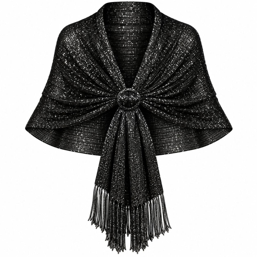 Black Metallic Shawl Wrap 70 x 18 in Silver Shimmer Fringe & Scarf Slide