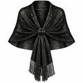 Black Metallic Shawl Wrap 70 x 18 in Silver Shimmer Fringe & Scarf Slide