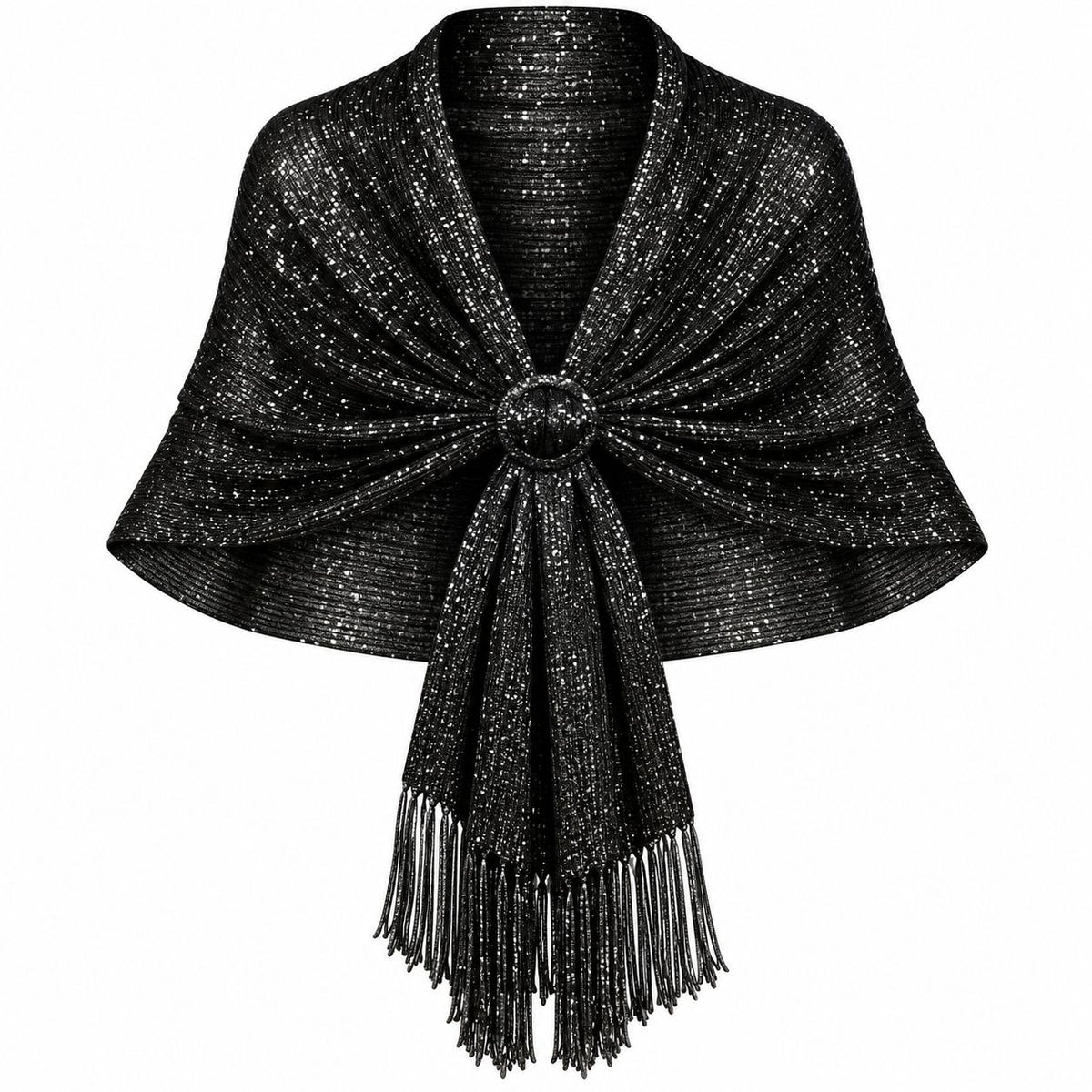 Black Metallic Shawl Wrap 70 x 18 in Silver Shimmer Fringe & Scarf Slide