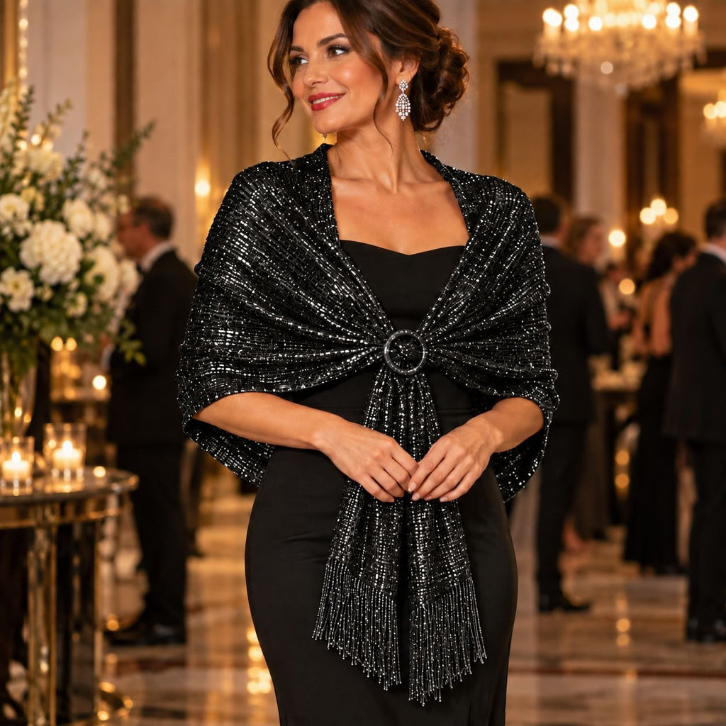 A woman in a black evening gown wearing a black sequined shawl with fringe and a decorative center ring, photographed in a formal indoor event setting with blurred guests and chandeliers in the background.