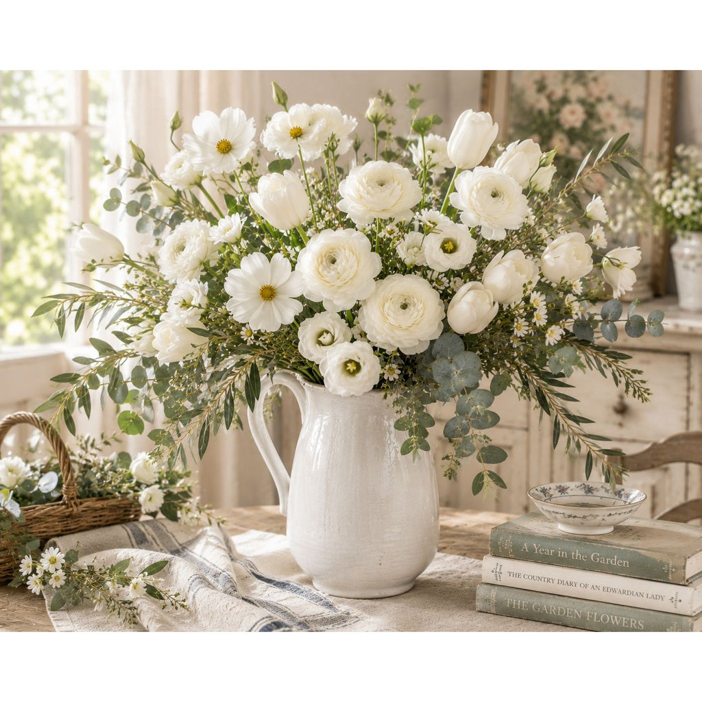 Cream Ranunculus Stems Set of 2 | Faux Ranunculus Flowers | Artificial Ivory Floral Stems | Farmhouse French Country Decor