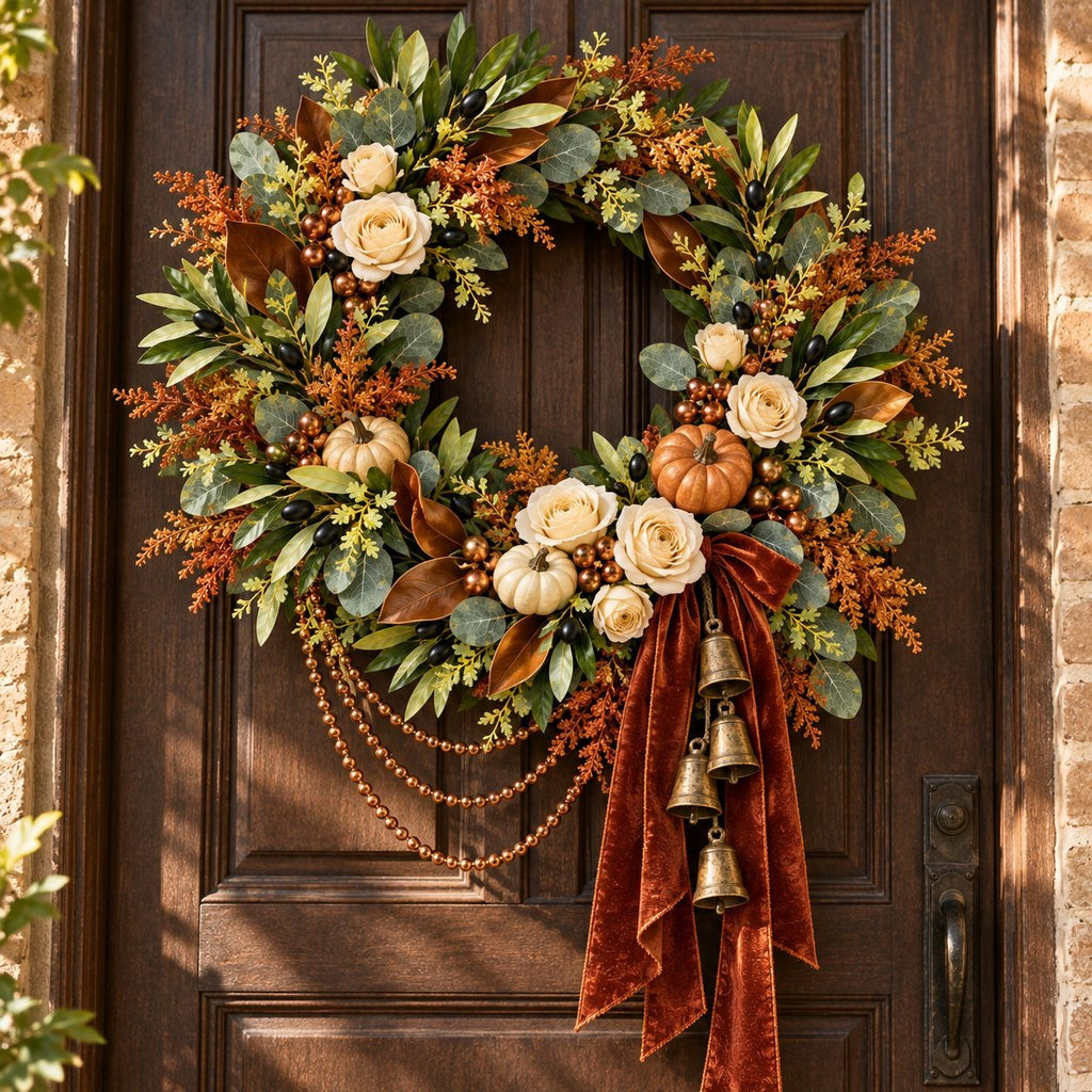 An autumn-themed fall wreath hanging on a dark brown wooden front door. The wreath is decorated with green eucalyptus leaves, cream-colored roses, small orange pumpkins, orange berries, brown leaves, and a large rust-red velvet bow with hanging brass bells and beaded garlands.