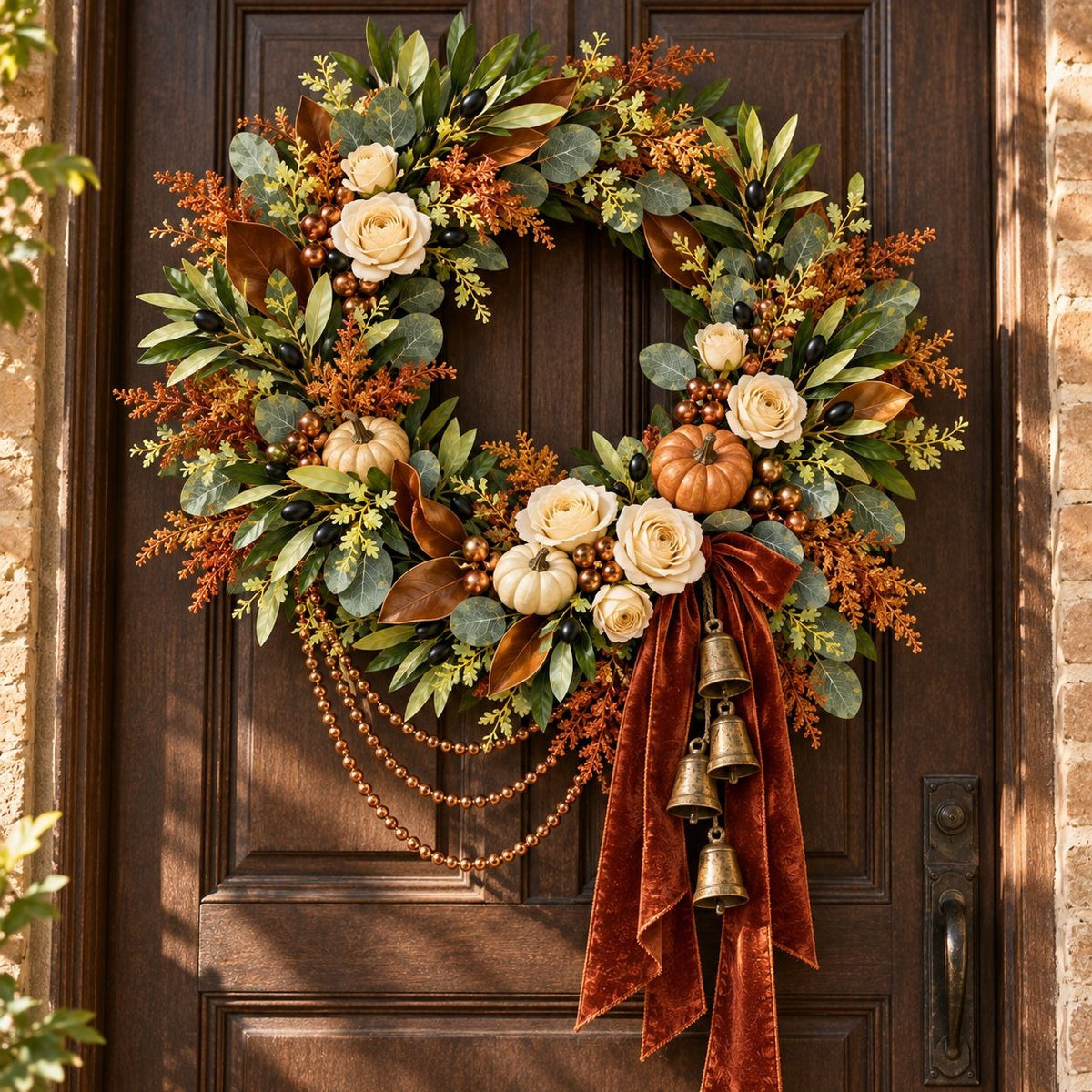 An autumn-themed fall wreath hanging on a dark brown wooden front door. The wreath is decorated with green eucalyptus leaves, cream-colored roses, small orange pumpkins, orange berries, brown leaves, and a large rust-red velvet bow with hanging brass bells and beaded garlands.