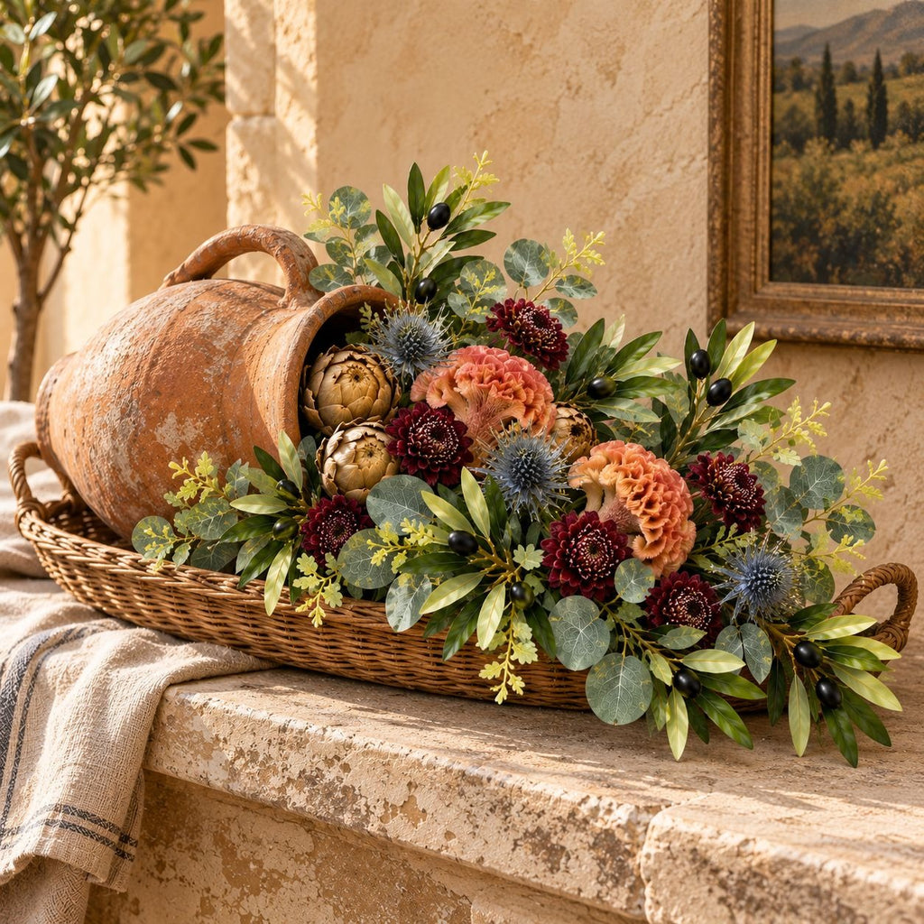 A rustic decorative arrangement in a woven basket and large terracotta urn, filled with green foliage, blue thistle-like flowers, burgundy blooms, and peach-orange flowers, displayed on a stone ledge against a warm beige wall.
