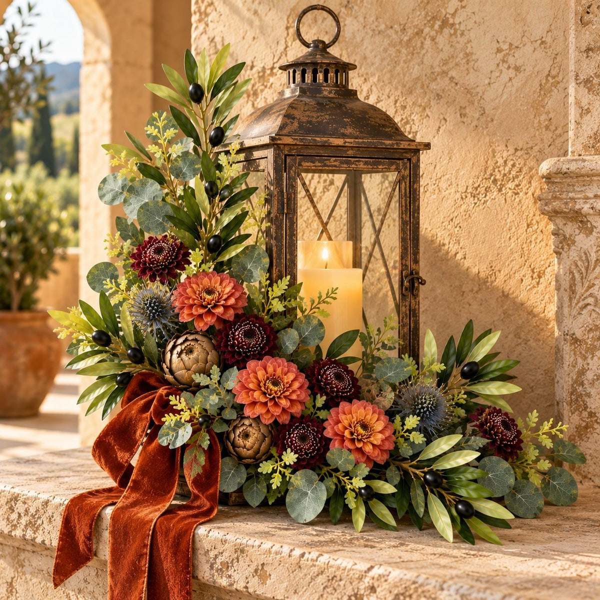 A decorative autumn floral arrangement with orange and coral dahlias, green eucalyptus, dark burgundy berries, pinecones, and a rust-colored ribbon, styled beside a large distressed black metal lantern with a lit candle on a stone porch.