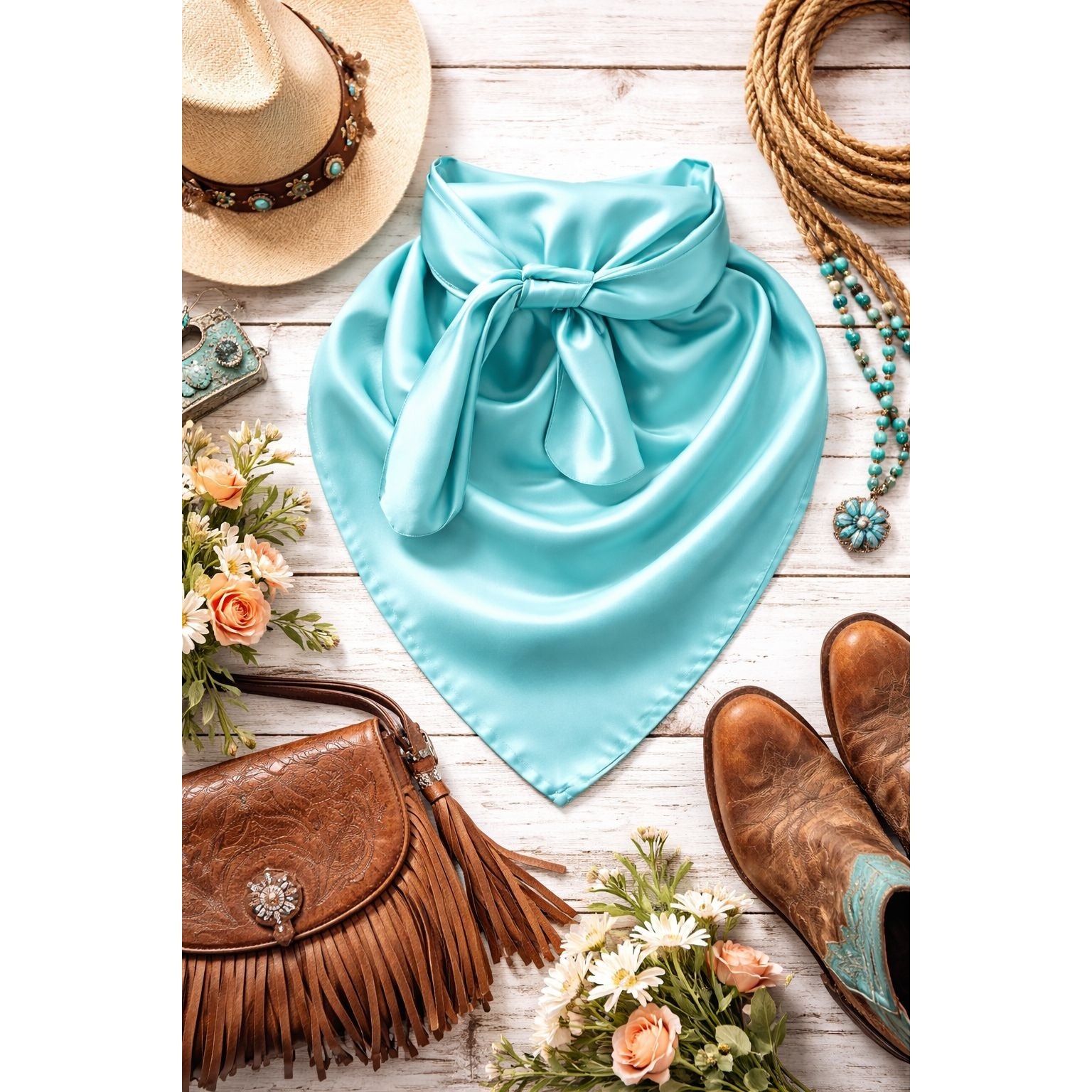 Turquoise Aqua Blue Wild Rag Scarf 35x35 Satin Western Spring Cowgirl