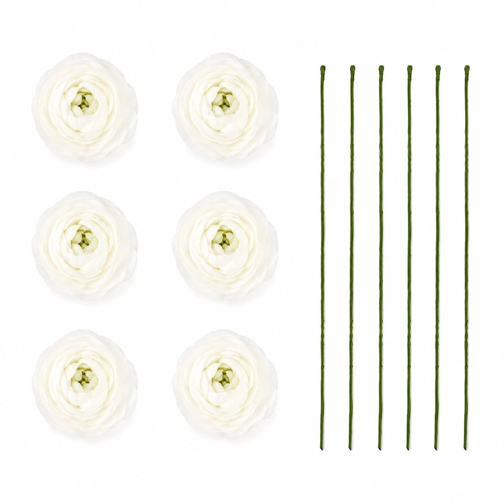 White Artificial Flowers Set of 6 Peony Ranunculus Inspired Blooms Detachable 7 Inch Stems Wreath Wedding Floral Supply