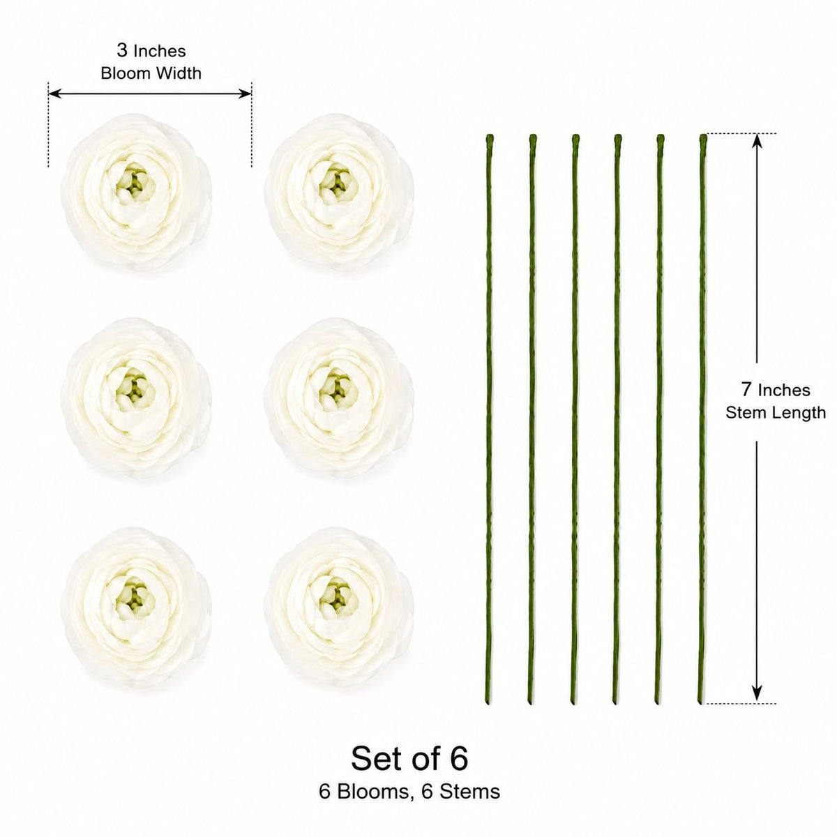 White Artificial Flowers Set of 6 Peony Ranunculus Inspired Blooms Detachable 7 Inch Stems Wreath Wedding Floral Supply