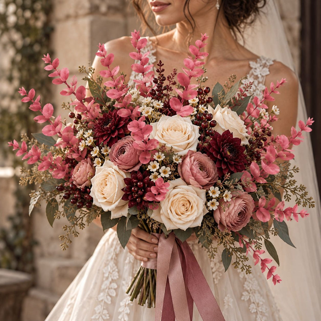 10 Mauve Pink Eucalyptus Stems, 16-Inch Artificial Wedding Greenery