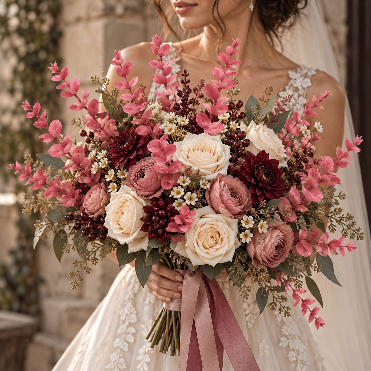 10 Mauve Pink Eucalyptus Stems, 16-Inch Artificial Wedding Greenery