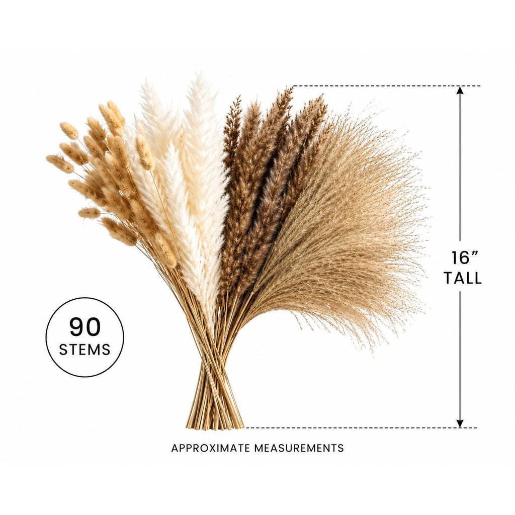 90 Stem Mixed Dried Grass Bundle, 16 Inch Neutral Vase Filler, Boho Wedding and Wreath Supply