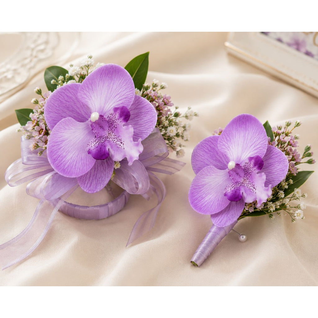 Purple Lavender Real Touch Orchid Heads Set of 2, 3.5 Inch Phalaenopsis Blooms for Corsage Boutonniere Crafts