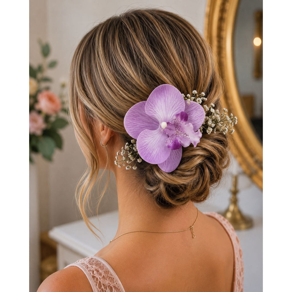 Purple Lavender Real Touch Orchid Heads Set of 2, 3.5 Inch Phalaenopsis Blooms for Corsage Boutonniere Crafts