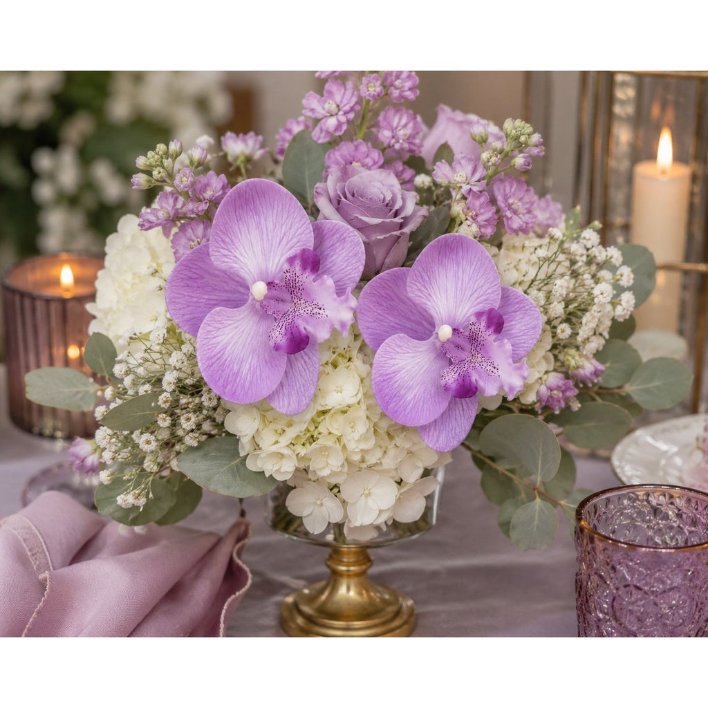 Purple Lavender Real Touch Orchid Heads Set of 2, 3.5 Inch Phalaenopsis Blooms for Corsage Boutonniere Crafts