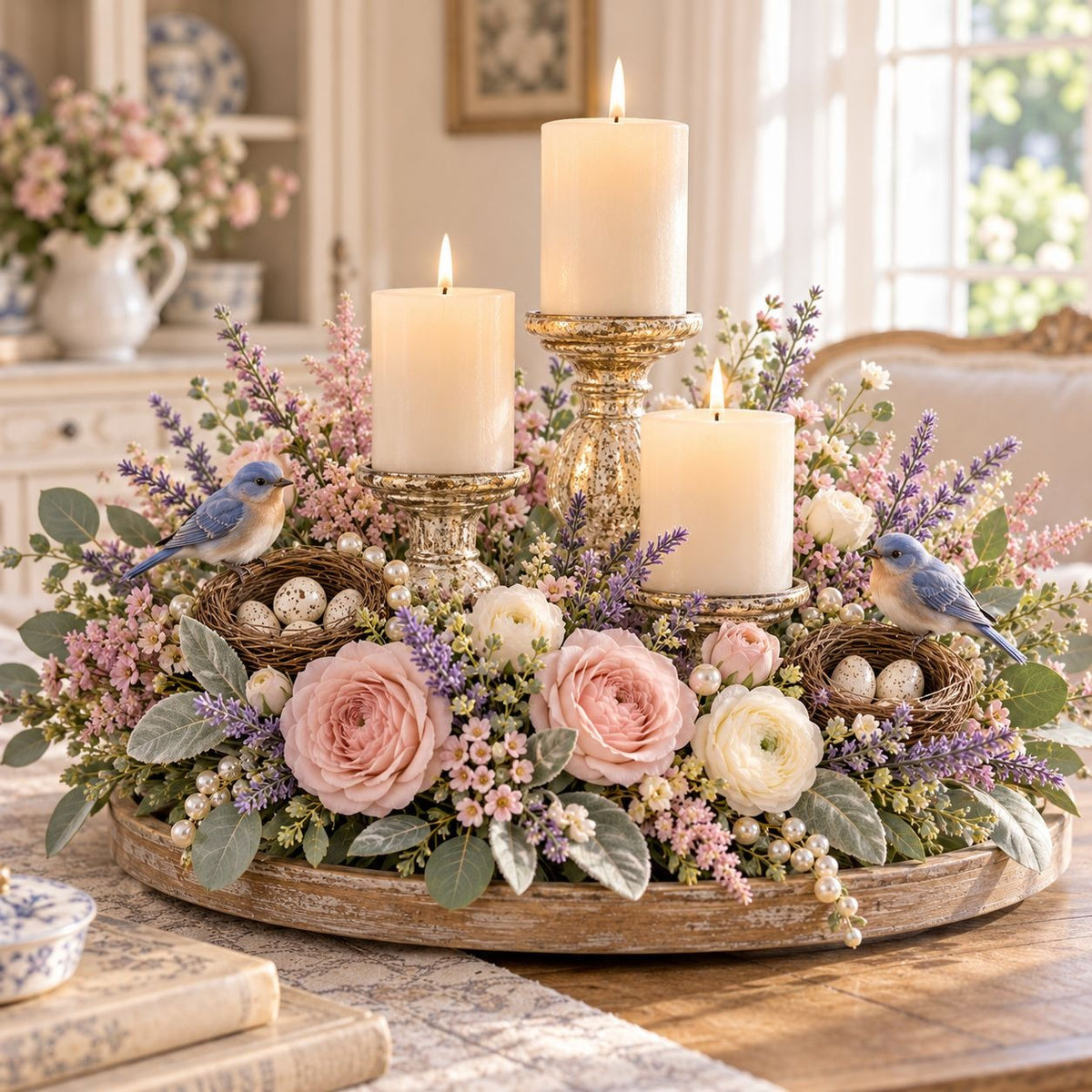 A decorative tabletop arrangement on a round wooden tray, featuring two white pillar candles in ornate gold-toned holders, surrounded by pink and white roses, lavender, green foliage, small bird nests with eggs, and two bluebirds. The scene is set in a softly lit indoor room with a table and flowers in the background.