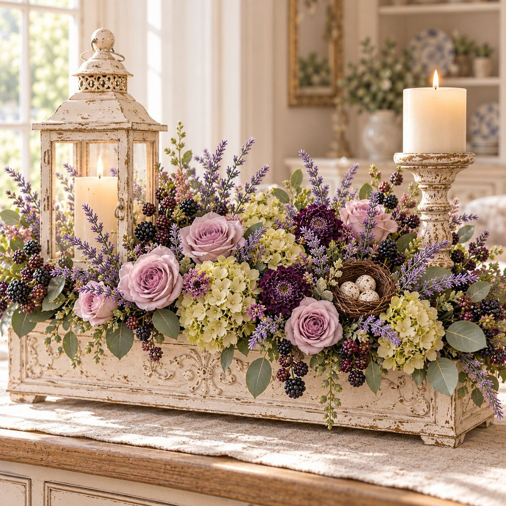 A decorative floral centerpiece arranged in a distressed cream-colored rectangular planter box, styled with lavender, pink and cream roses, green foliage, a small bird's nest with white eggs, and two lit pillar candles on matching candlesticks.
