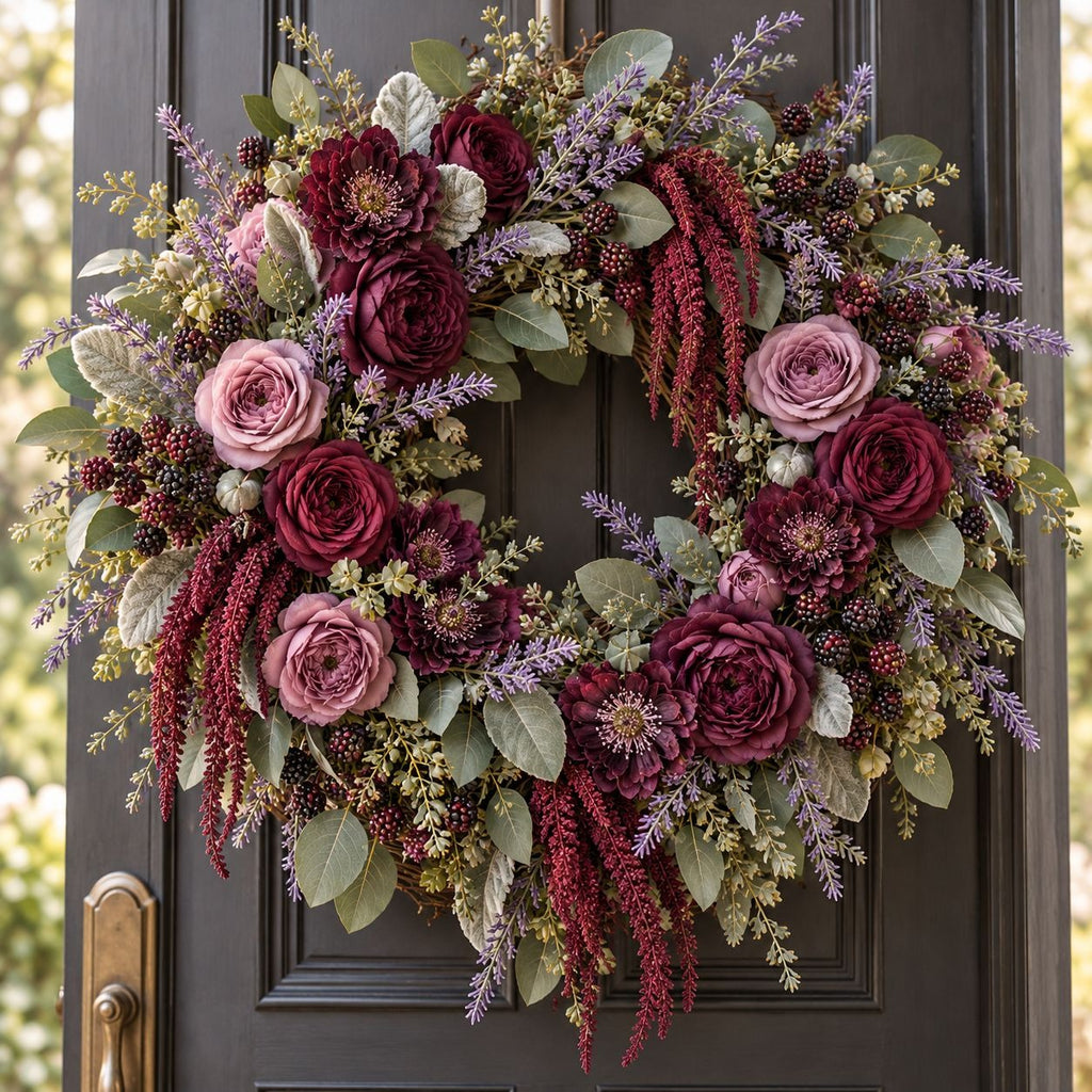 A large autumnal floral wreath hanging on a dark charcoal front door. The wreath features deep burgundy and dusty pink faux roses, green and sage foliage, purple lavender sprigs, and clusters of dark red berries.