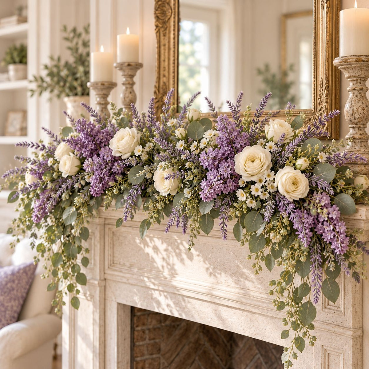 A floral garland with white roses, purple lavender, and green foliage draped over a white stone fireplace mantel in a bright, elegant room.