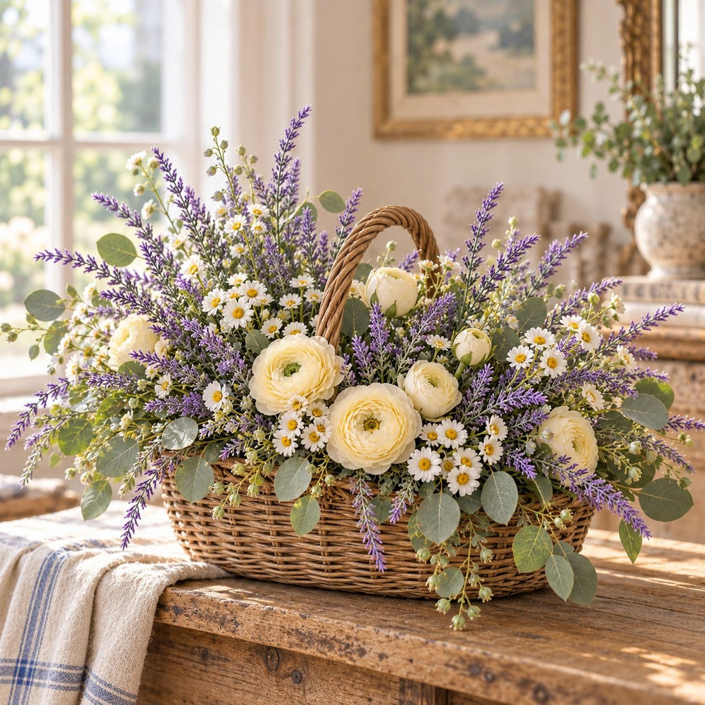 A wicker flower basket filled with a spring floral arrangement of pale yellow ranunculus, lavender, daisies, and green foliage, placed on a rustic wooden table in a bright, sunlit room.