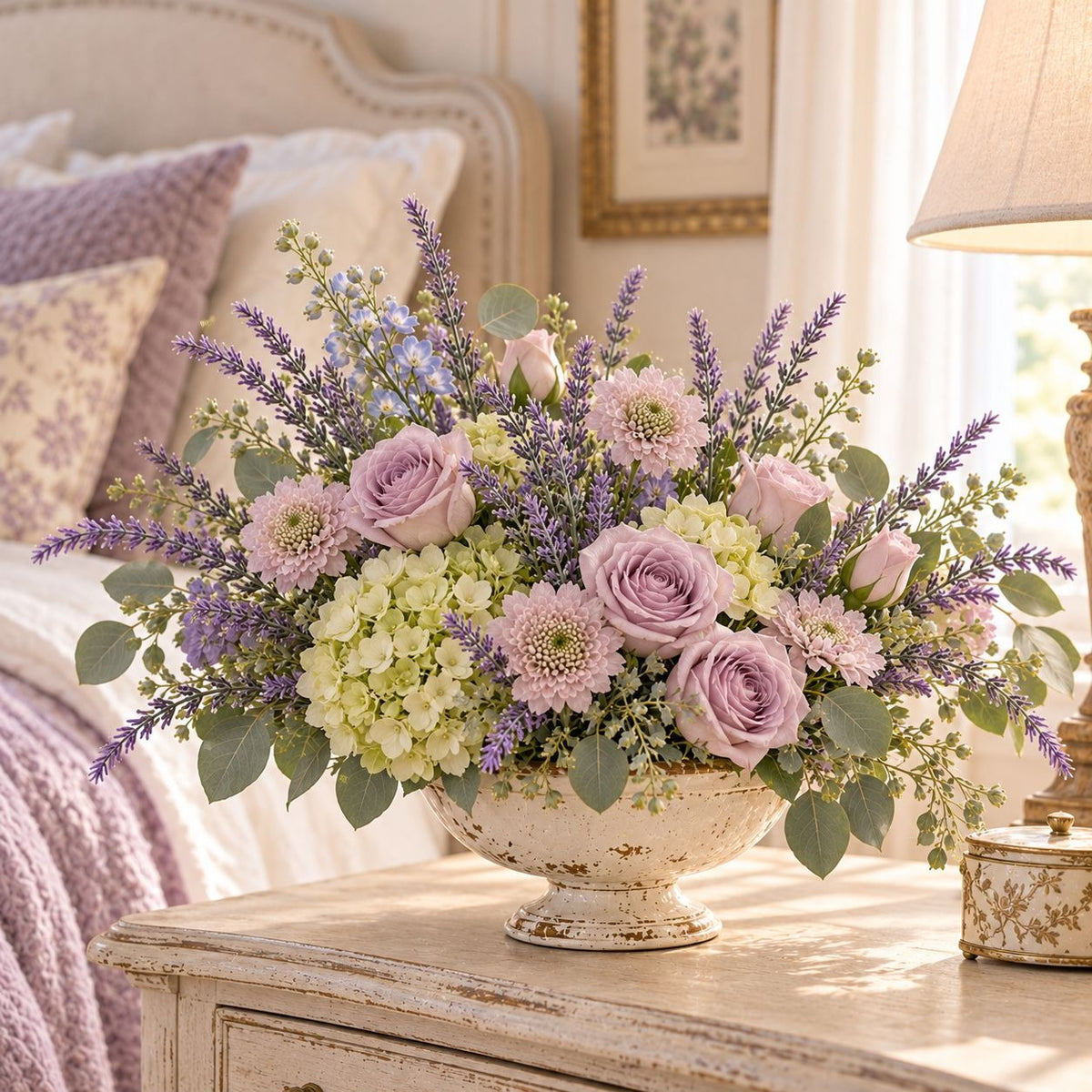 A large artificial floral arrangement in a distressed white pedestal bowl, featuring light purple roses, lavender sprigs, pale green hydrangeas, and eucalyptus, displayed on a matching distressed wooden bedside table in a softly lit bedroom.