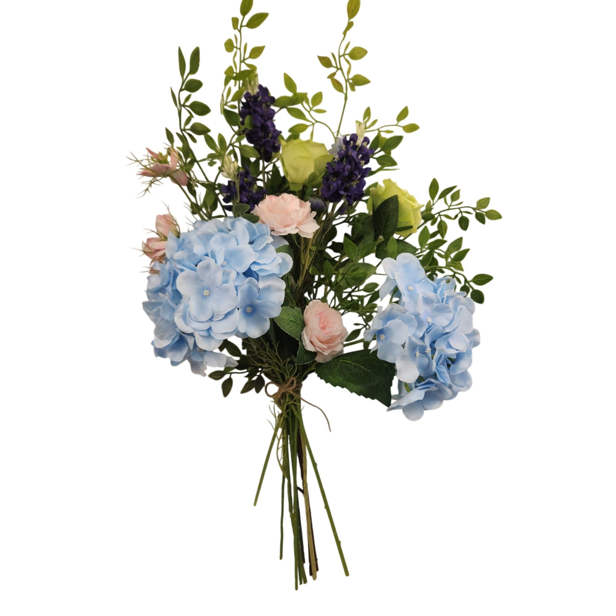 Faux Flower Bouquet 24" - Blue Hydrangea Green Rose Hand Tied Arrangement