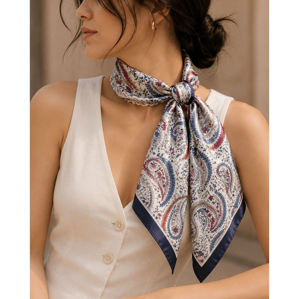 Paisley Satin Square Scarf 35x35 Navy Blue Red White Hair Scarf Head Scarf Neck Scarf