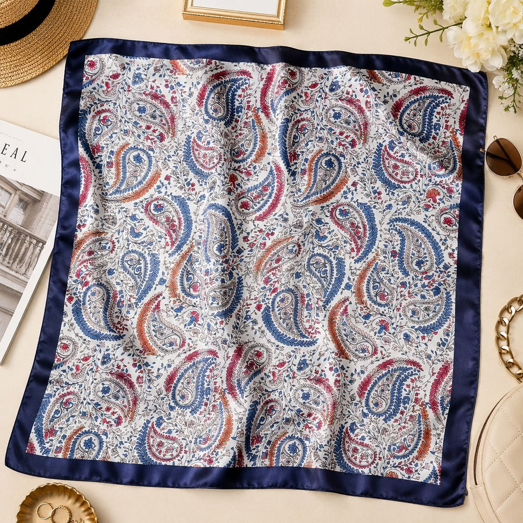 Paisley Satin Square Scarf 35x35 Navy Blue Red White Hair Scarf Head Scarf Neck Scarf