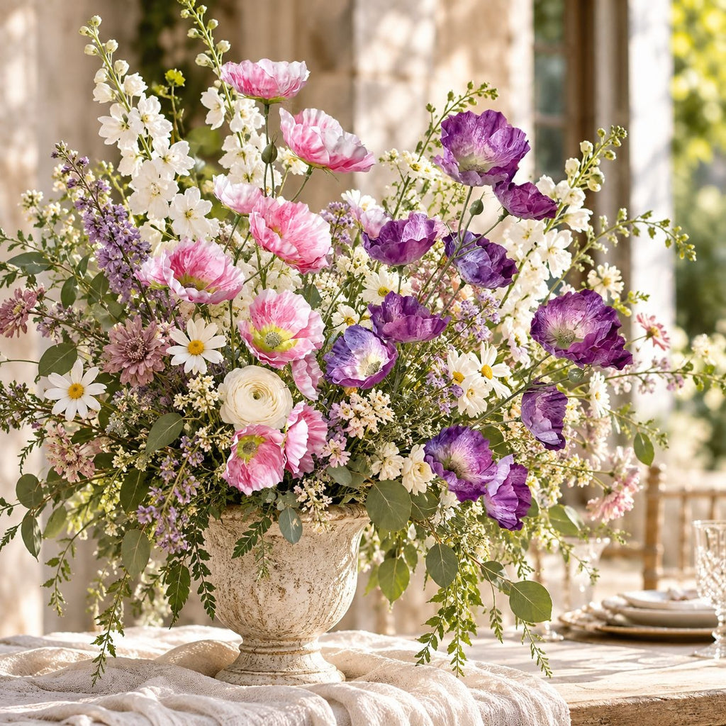 Pink Purple Artificial Wild Poppy Stems Set of 2, 31-Inch Faux Flowers
