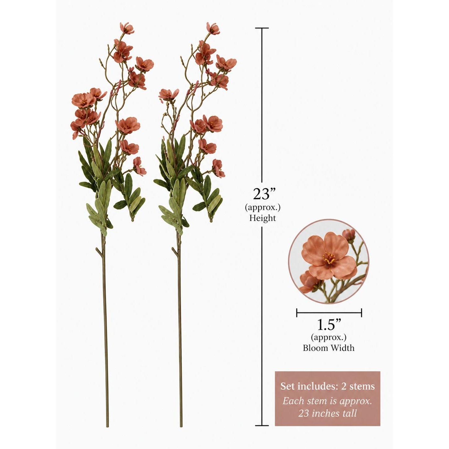 Artificial Dogwood Flower Stems Dusty Rose Mauve Terracotta Faux Floral Cottage Style 23 Inch Set of 2