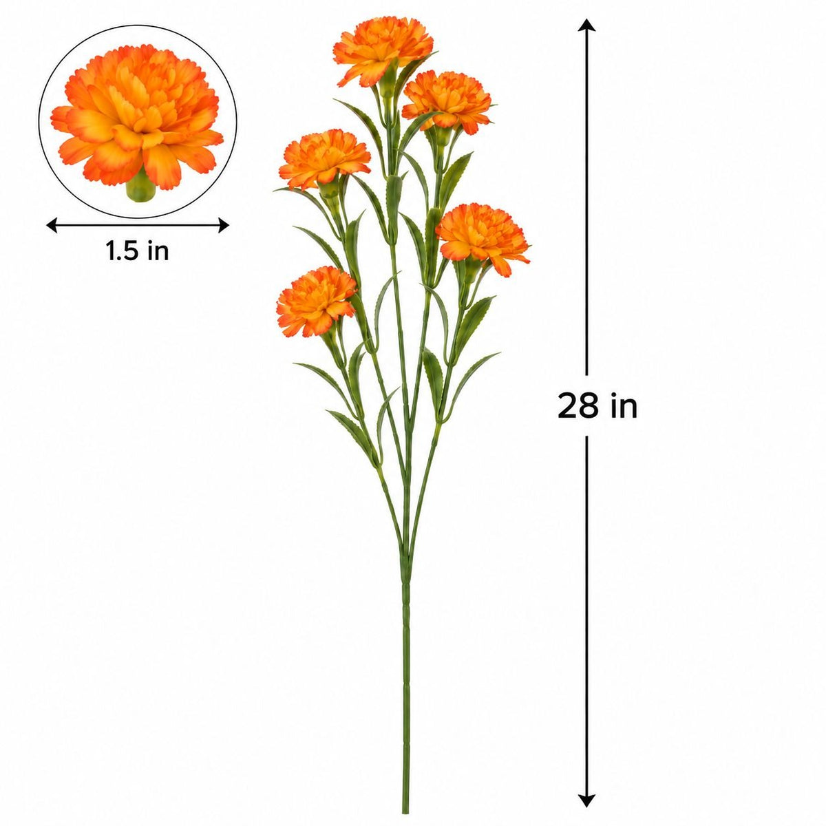 Artificial Orange Yellow Mini Carnation Stem, 28 Inch, 5 Blooms