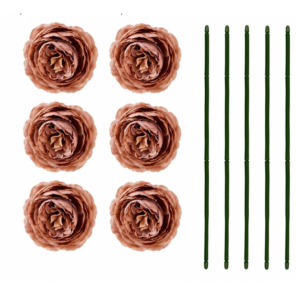 Chocolate Cream Brown Artificial Peony Ranunculus Flowers Set of 6 with 7 Inch Wire Stems Wreath Floral Craft Supply