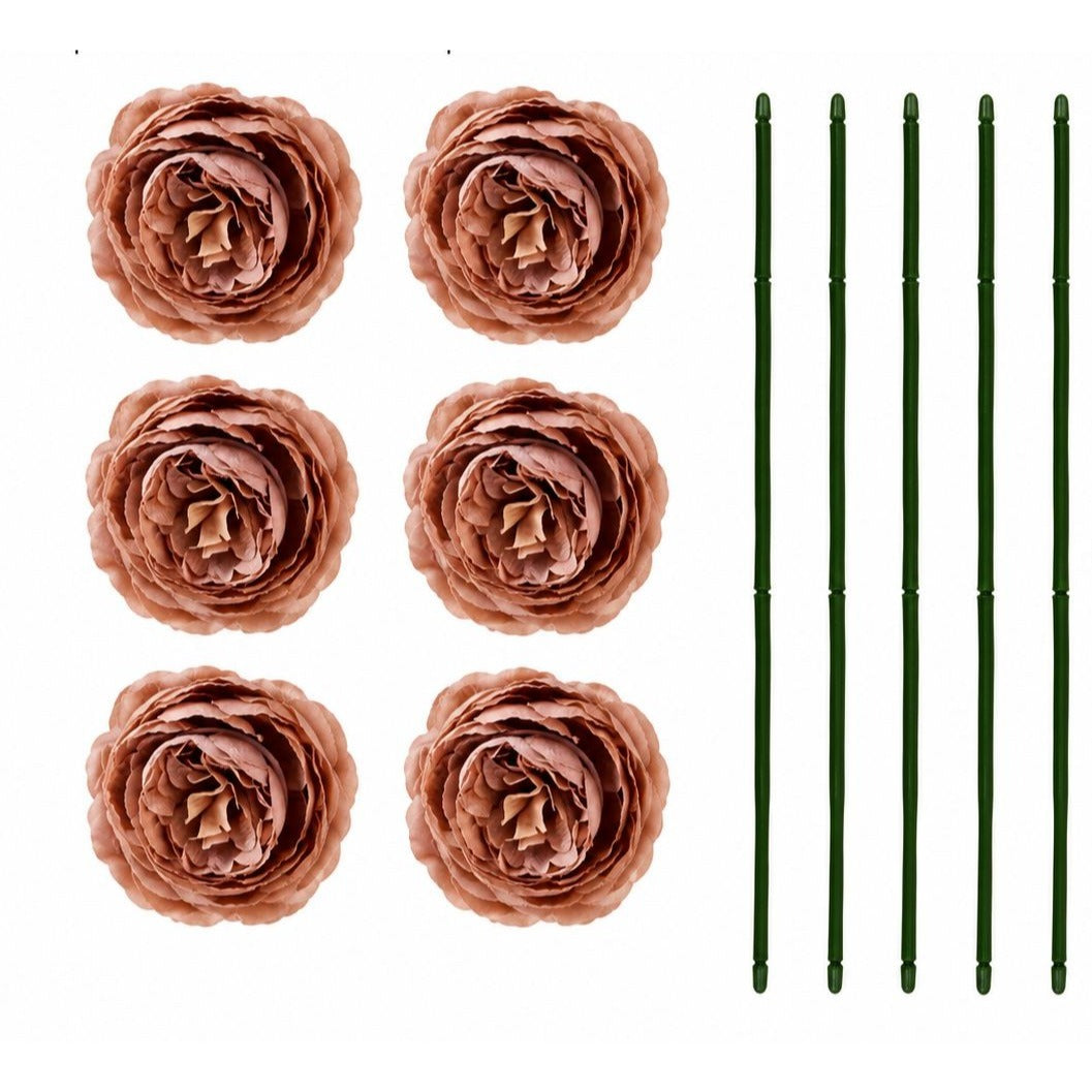 Chocolate Cream Brown Artificial Peony Ranunculus Flowers Set of 6 with 7 Inch Wire Stems Wreath Floral Craft Supply