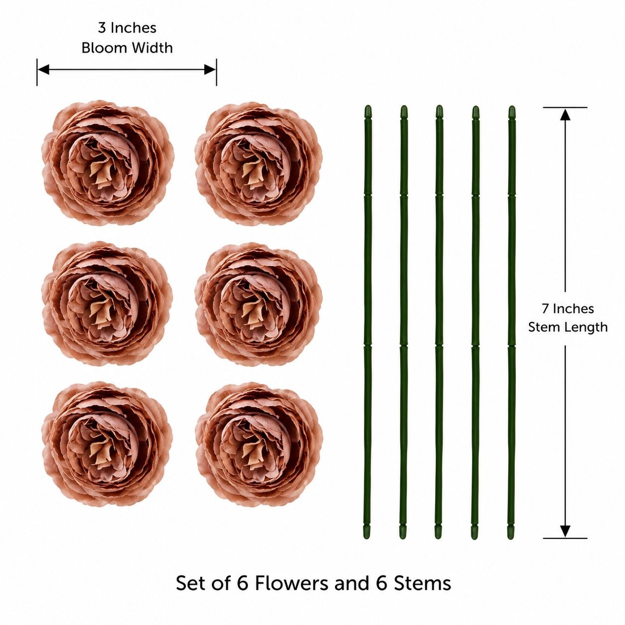 Chocolate Cream Brown Artificial Peony Ranunculus Flowers Set of 6 with 7 Inch Wire Stems Wreath Floral Craft Supply
