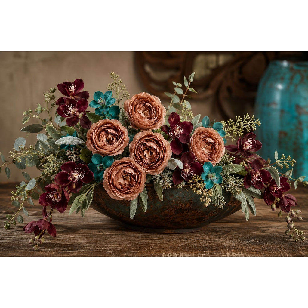 Chocolate Cream Brown Artificial Peony Ranunculus Flowers Set of 6 with 7 Inch Wire Stems Wreath Floral Craft Supply